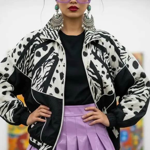 Vintage 90s EVR Windbreaker Jacket Animal Print Colorblock Zebra Spots Womens PL - Picture 1 of 12